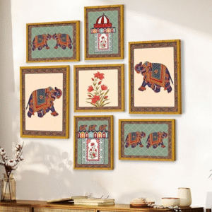 Painting Mantra Set of 7 Indian Wall Art Print Elephant with Flower Framed Vintage Poster For Home, Living room, Bathroom & Hotel Decor (Size: 9.3x12.7, 13x13 & 12.7x17.5 Inch)